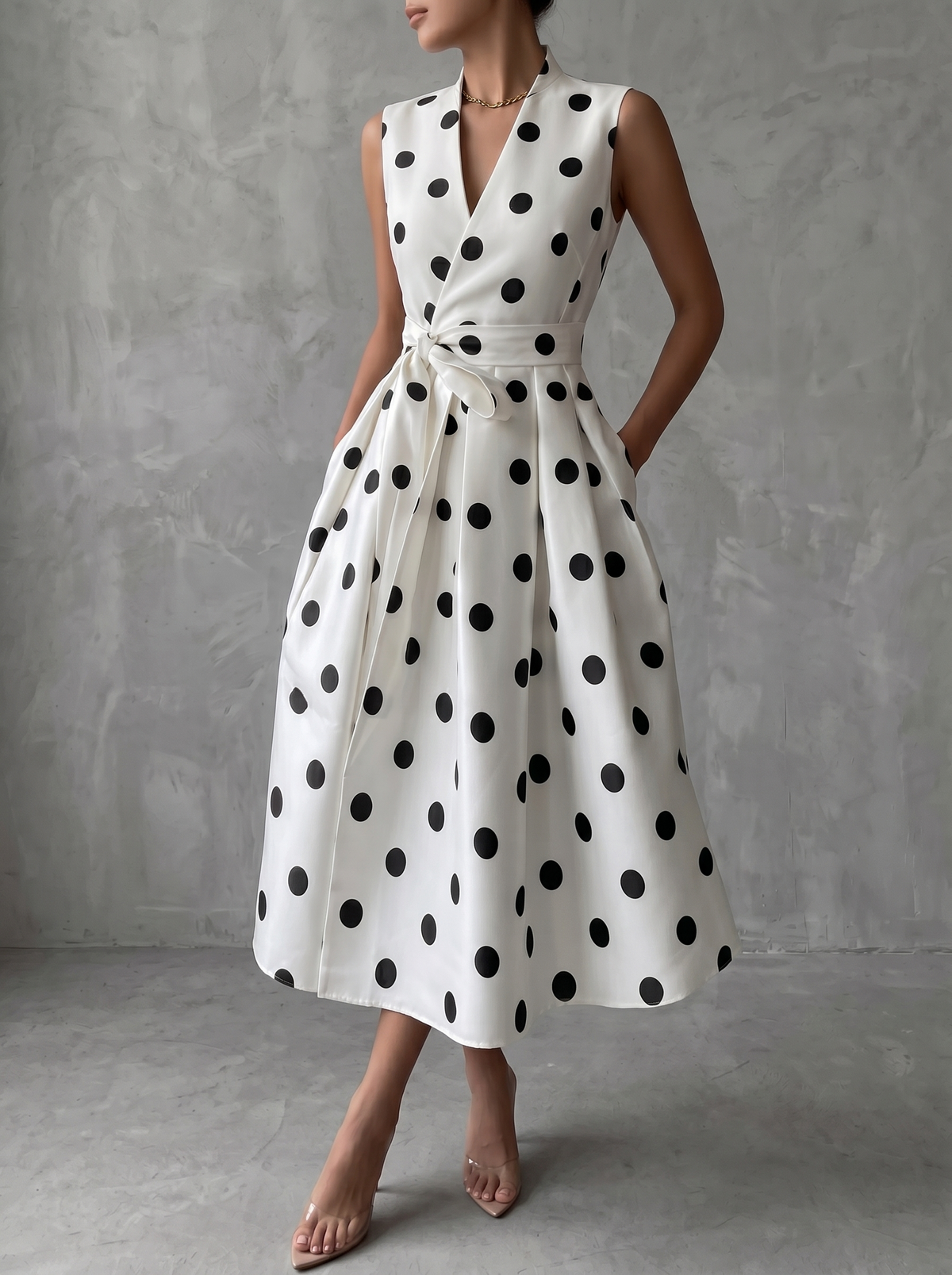 Vestido Midi Blanco Sin Mangas con lunares - Blanco