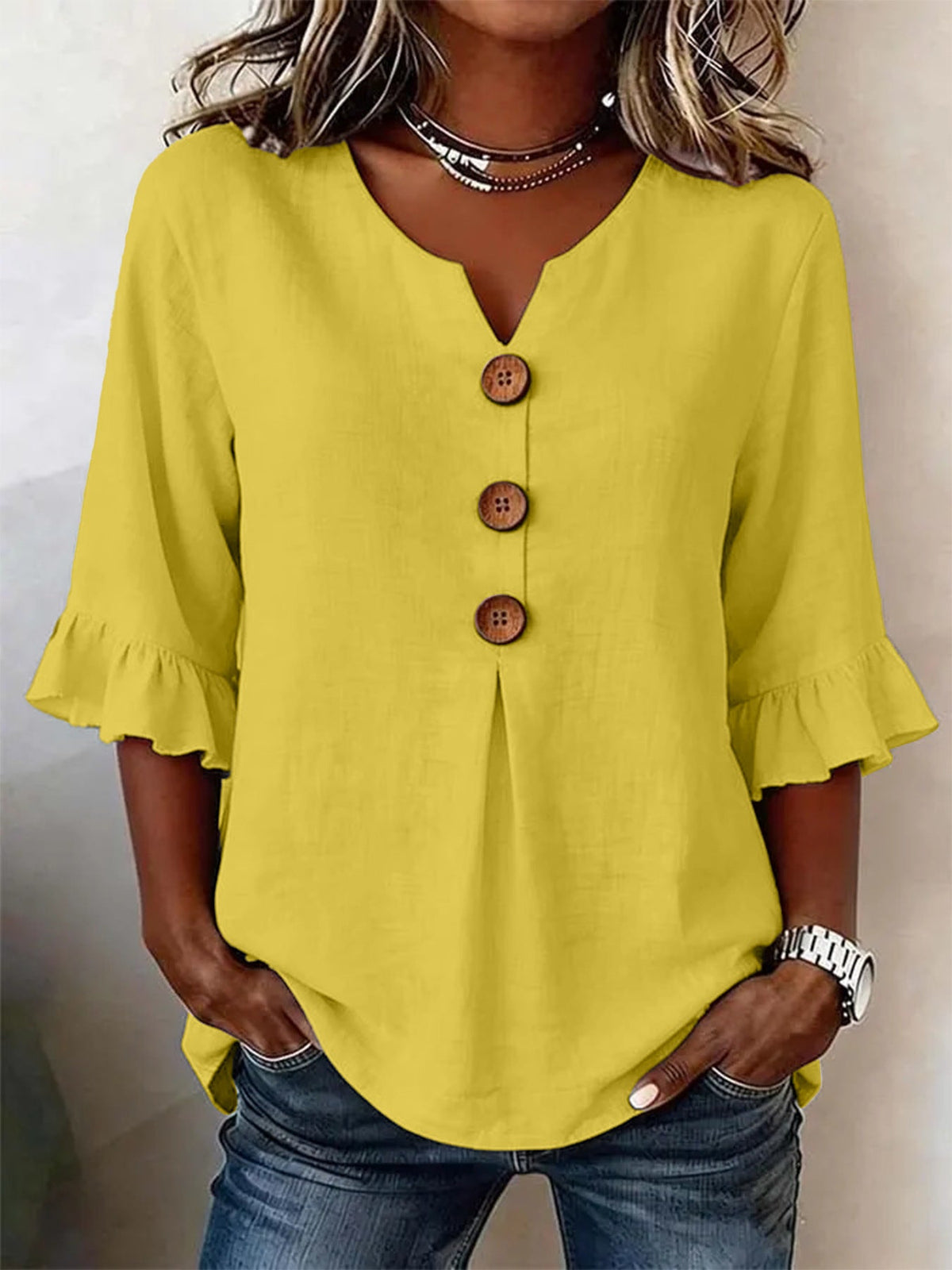 Blusa Casual con escote en V y volante - Azul Cielo