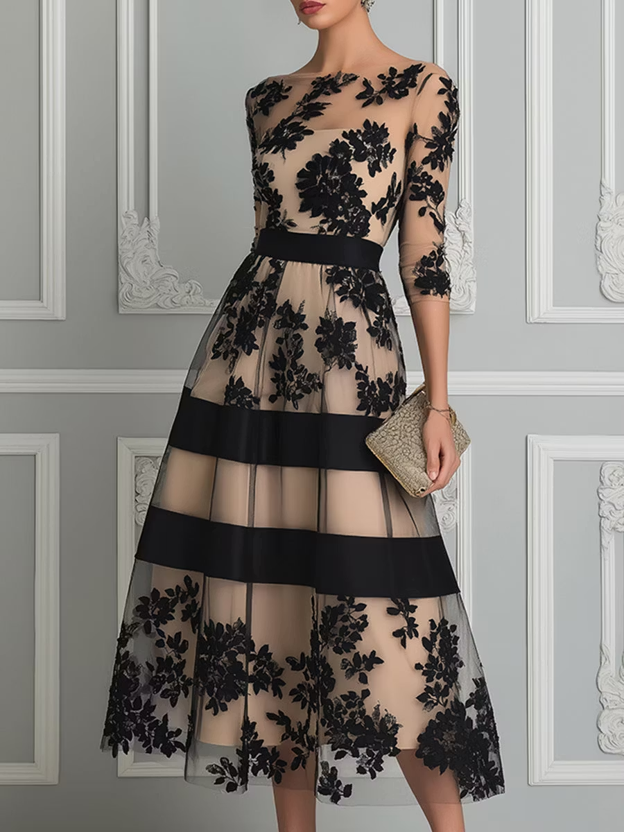 Vestido Midi Elegante Negro con encaje - Negro
