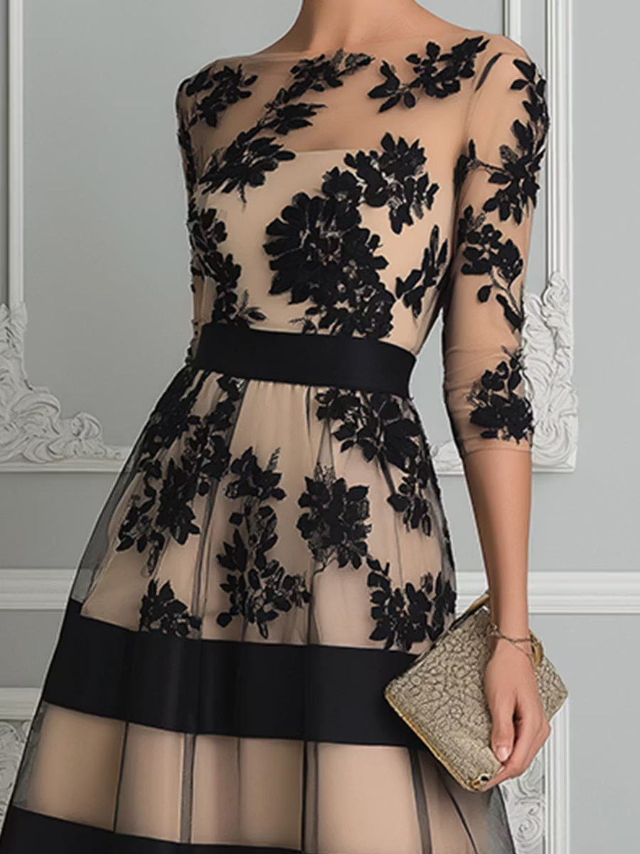 Vestido Midi Elegante Negro con encaje - Negro