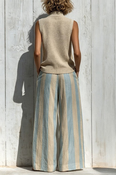 Conjunto Casual Sin Mangas con a rayas - Caqui