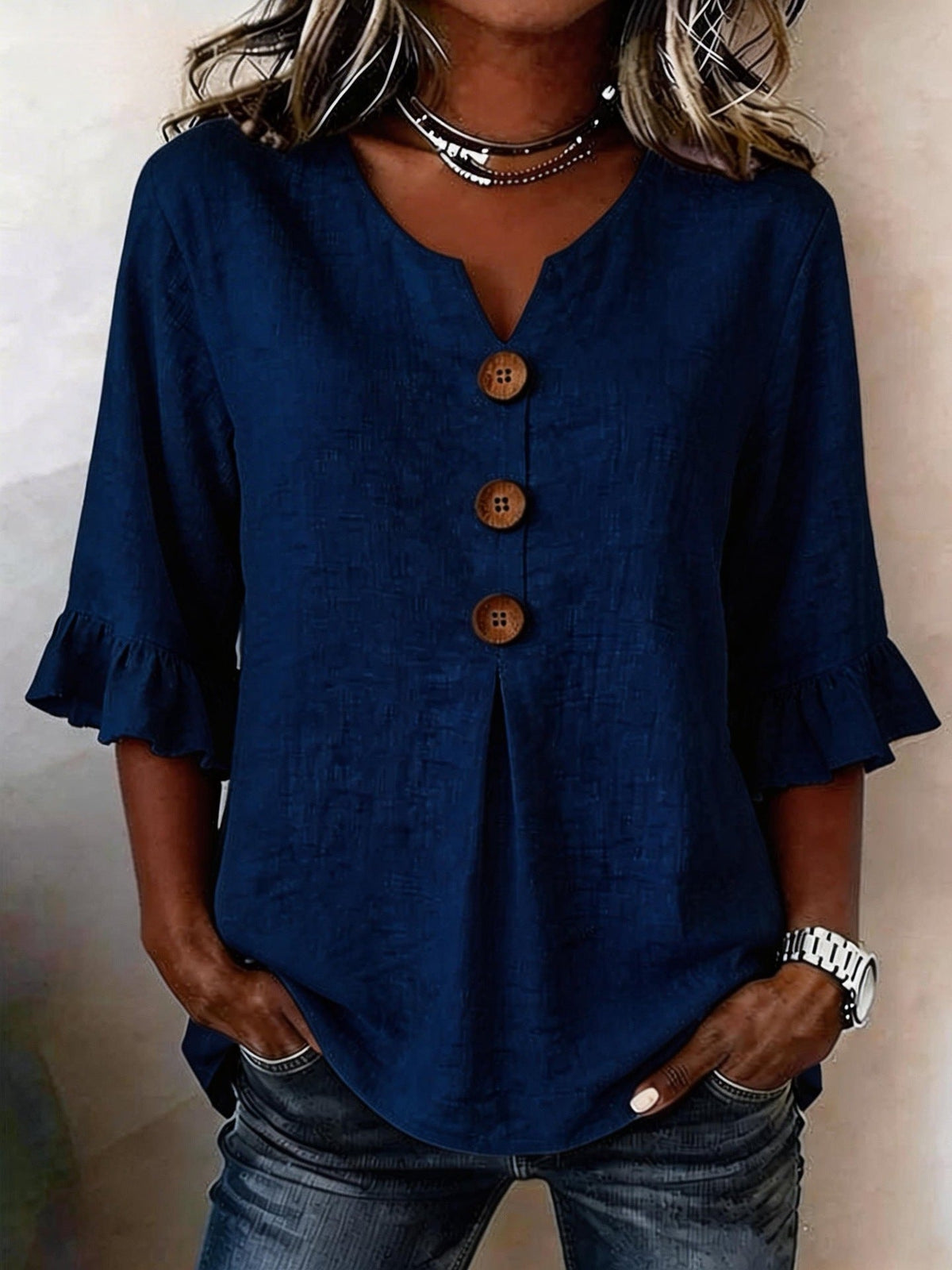 Blusa Casual con escote en V y volante - Verde Oliva