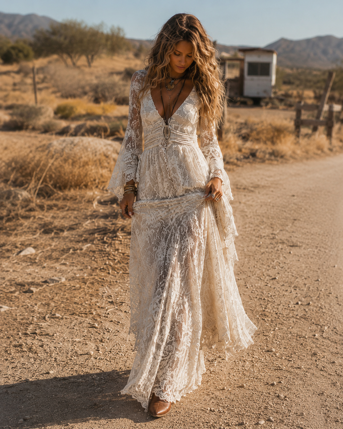Vestido Largo Boho Albaricoque con encaje, escote en V y manga campana - Albaricoque