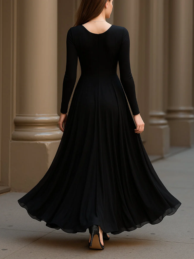 Vestido Largo Negro Manga Larga con escote en V y corte en A - Negro
