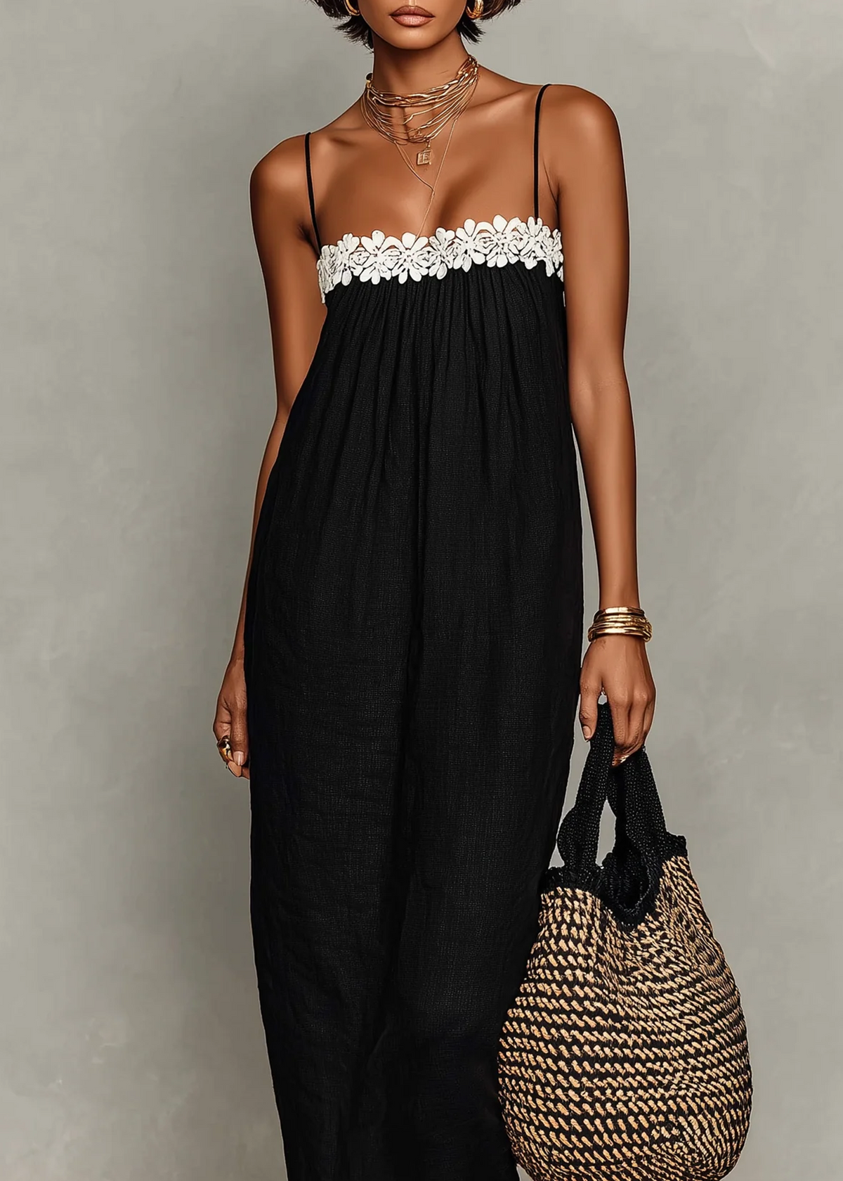 Vestido Largo Corte Holgado con remate de encaje - Negro