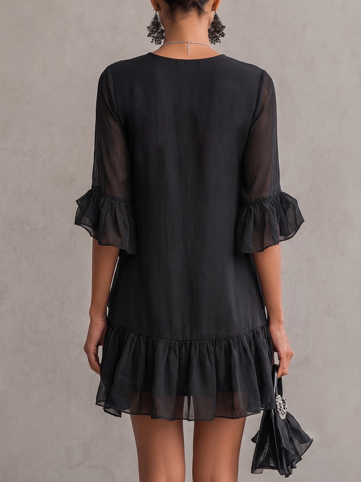 Minivestido Negro con volantes, gasa y encaje - Negro