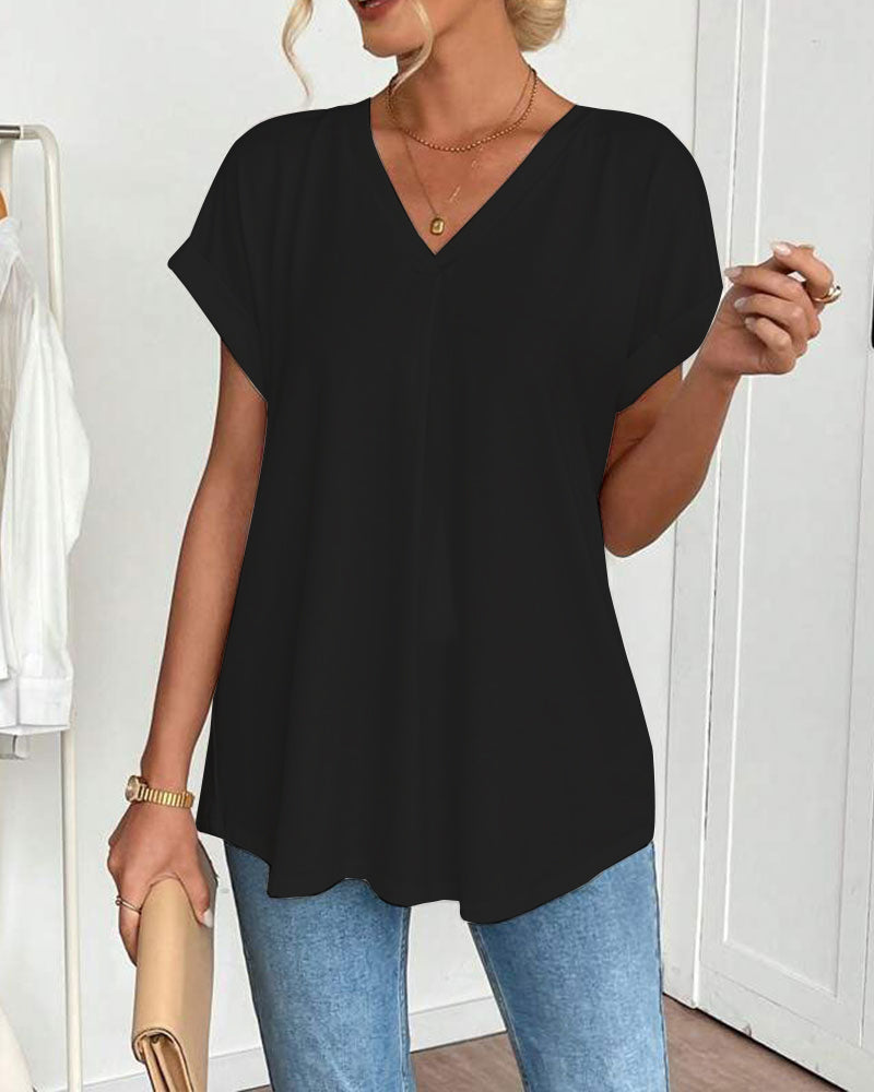 Μονόχρωμο T-Shirt με κοντά μανίκια και λεπτομέρεια Patchwork