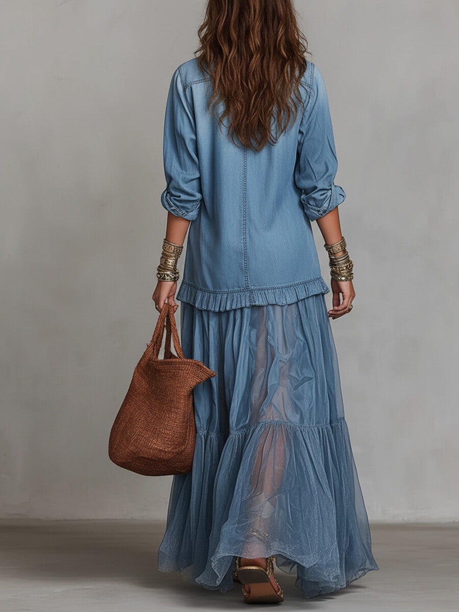 Vestido Casual con vaquero, cuello camisero, transparente y bolsillos - Azul Cielo