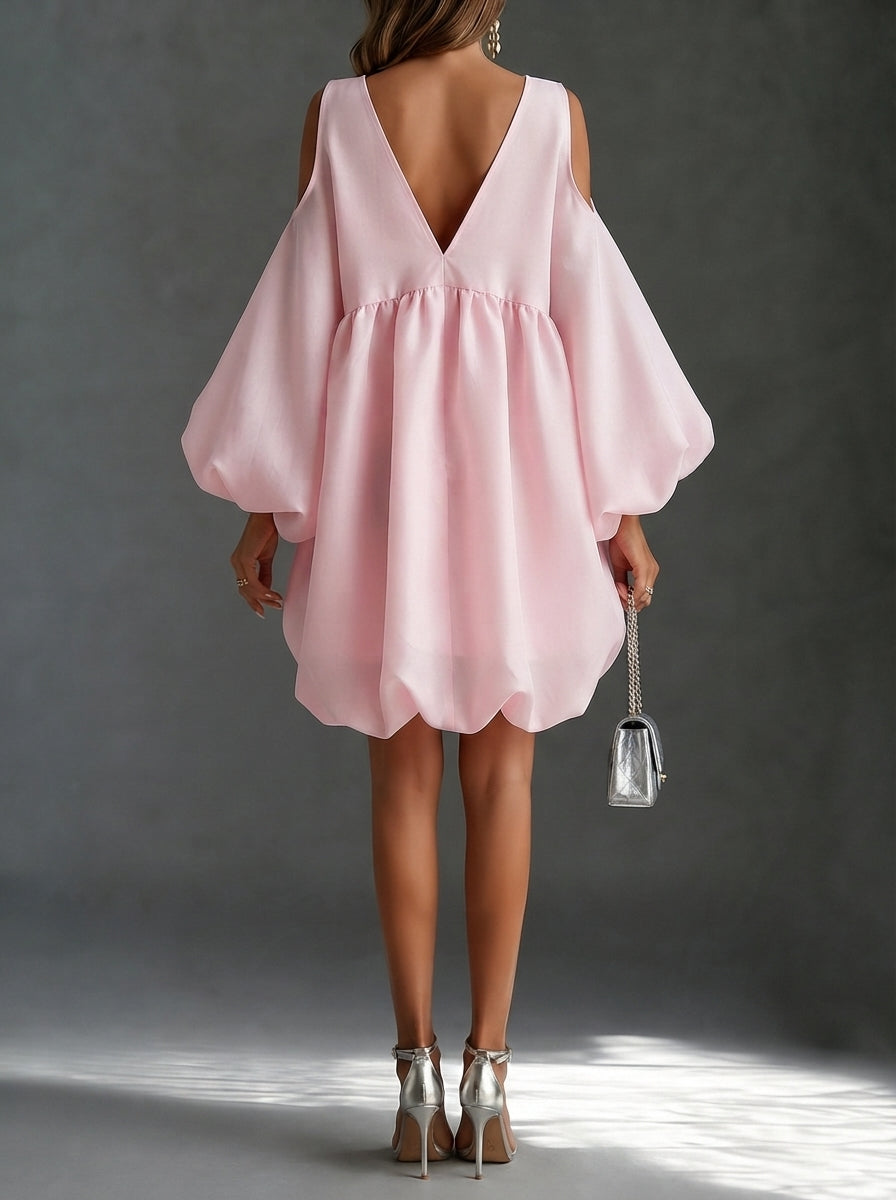 Minivestido Fiesta Rosa con escote en V profundo y manga globo - Rosa