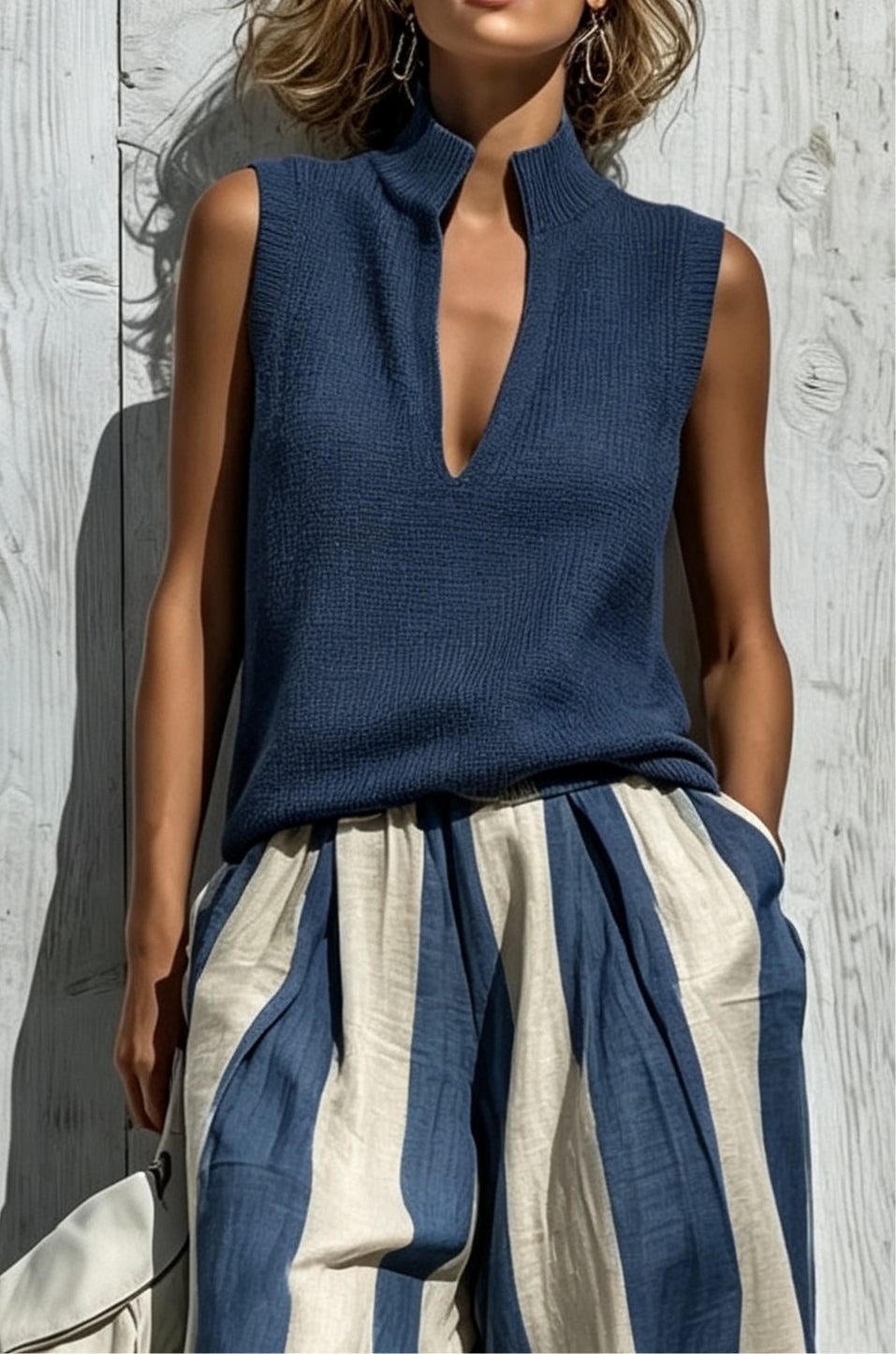 Conjunto Casual Azul Marino Sin Mangas con a rayas - Azul Marino