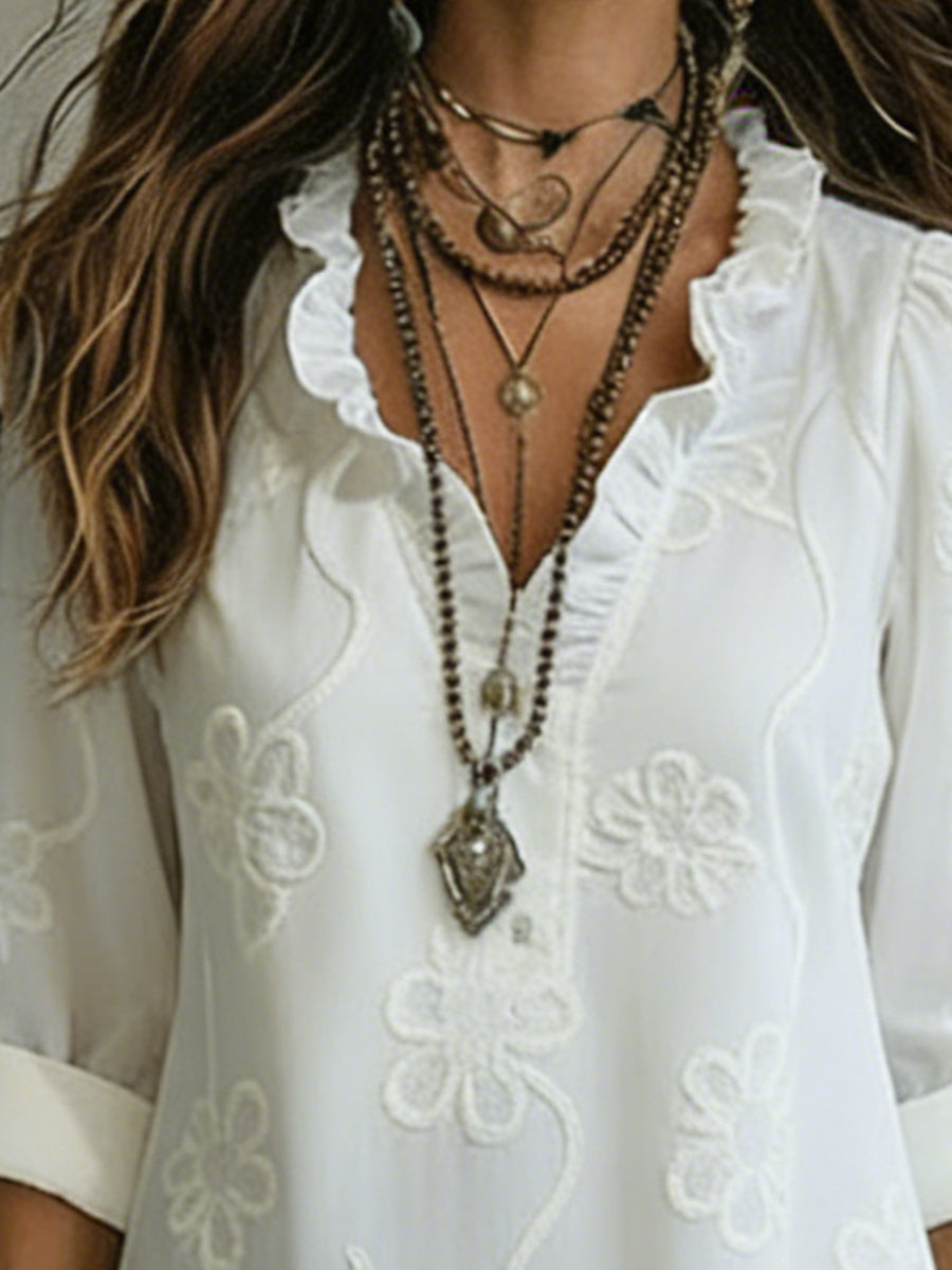 Vestido Midi Elegante con estampado floral y volantes - Blanco