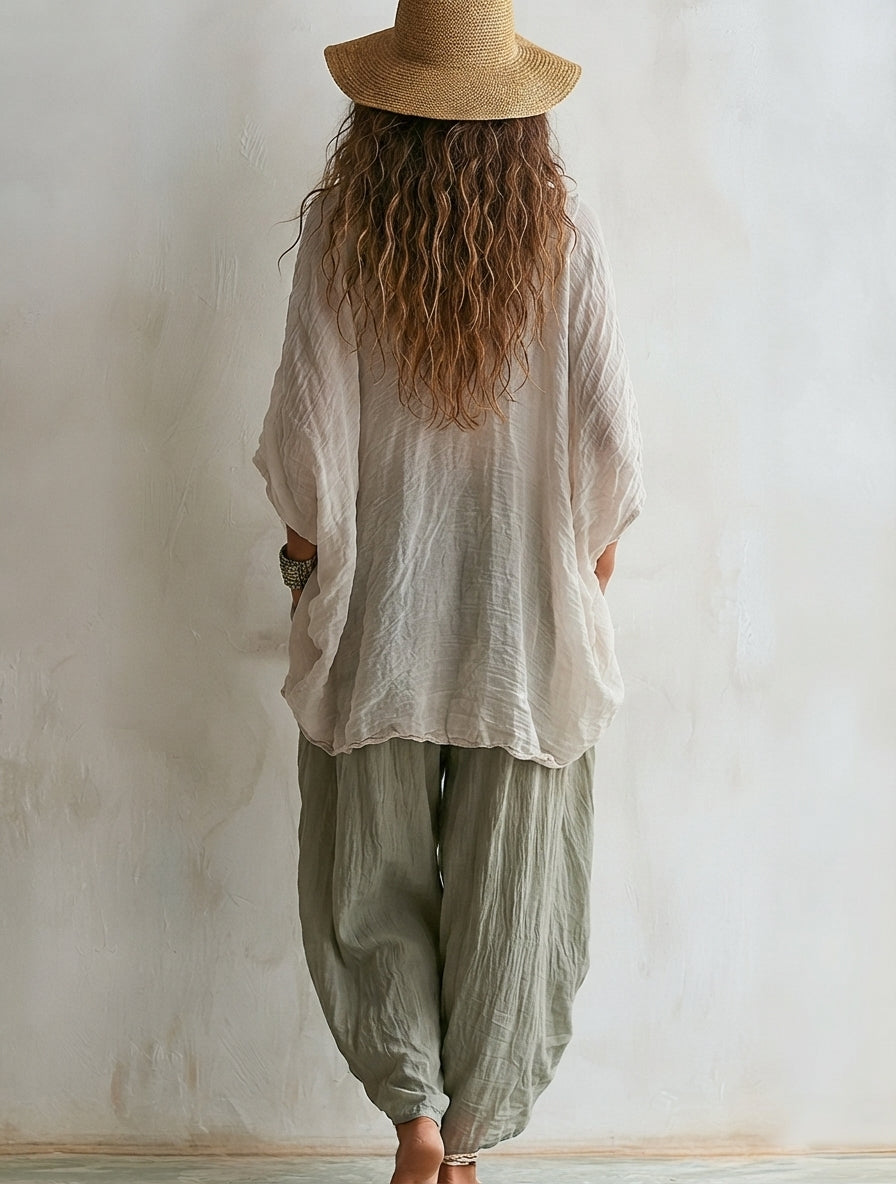 Conjunto de Dos Piezas Casual Beige Corte Holgado con algodón y lino - Beige