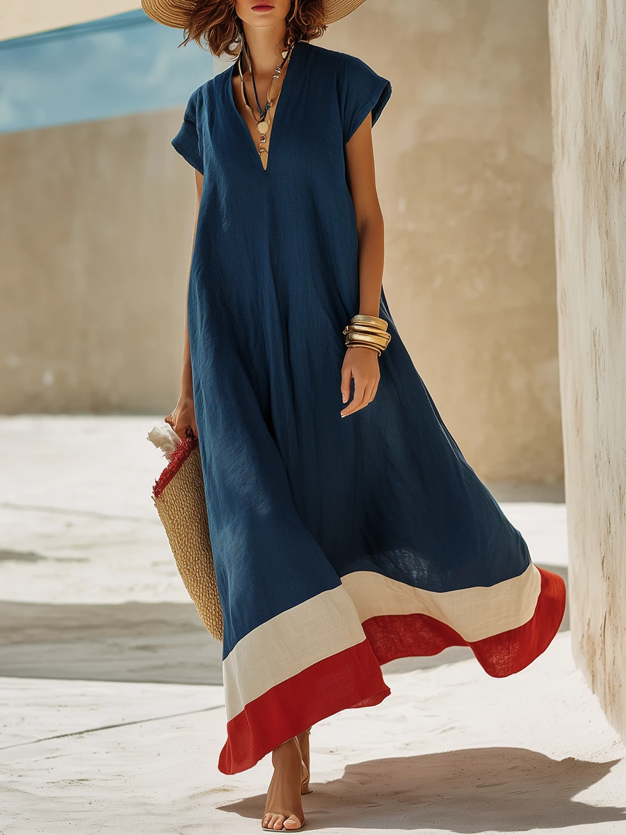 Vestido Largo Casual Azul Corte Holgado con escote en V - Azul