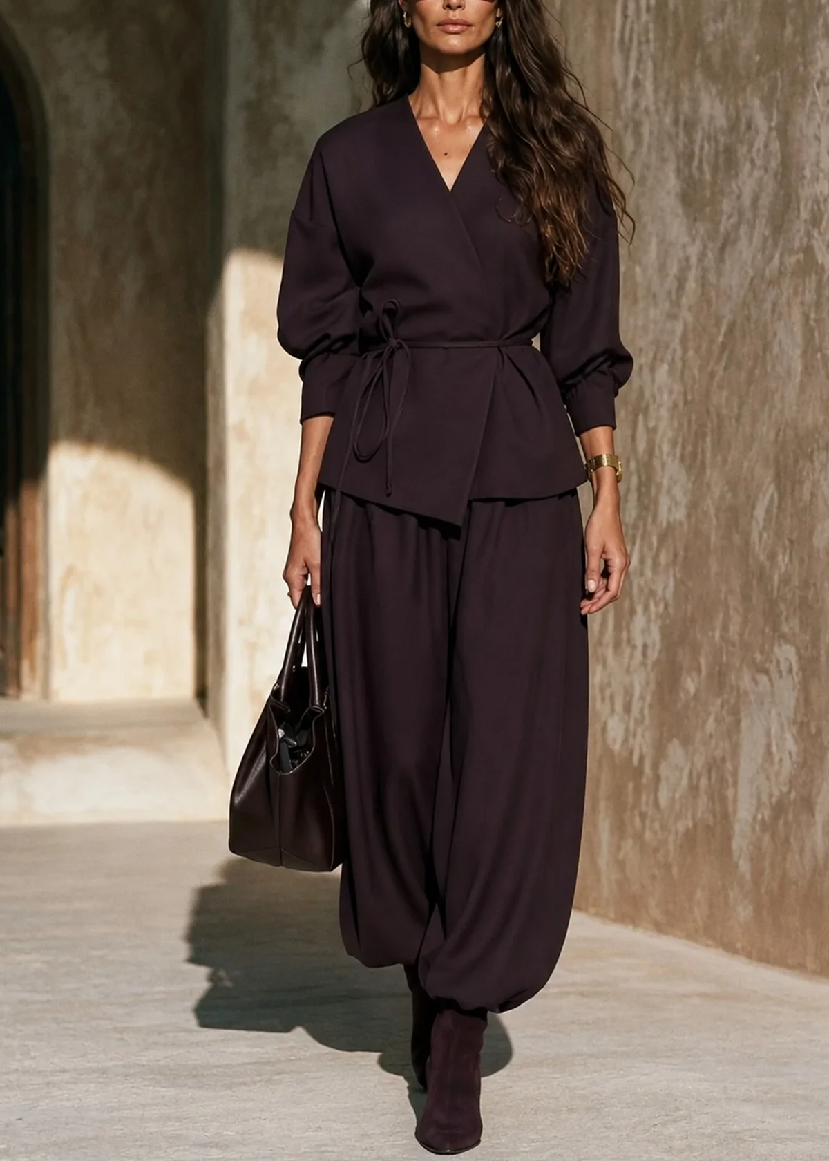 Conjunto de Pantalón Casual Marrón Oscuro Corte Holgado con escote en V - Marrón Oscuro
