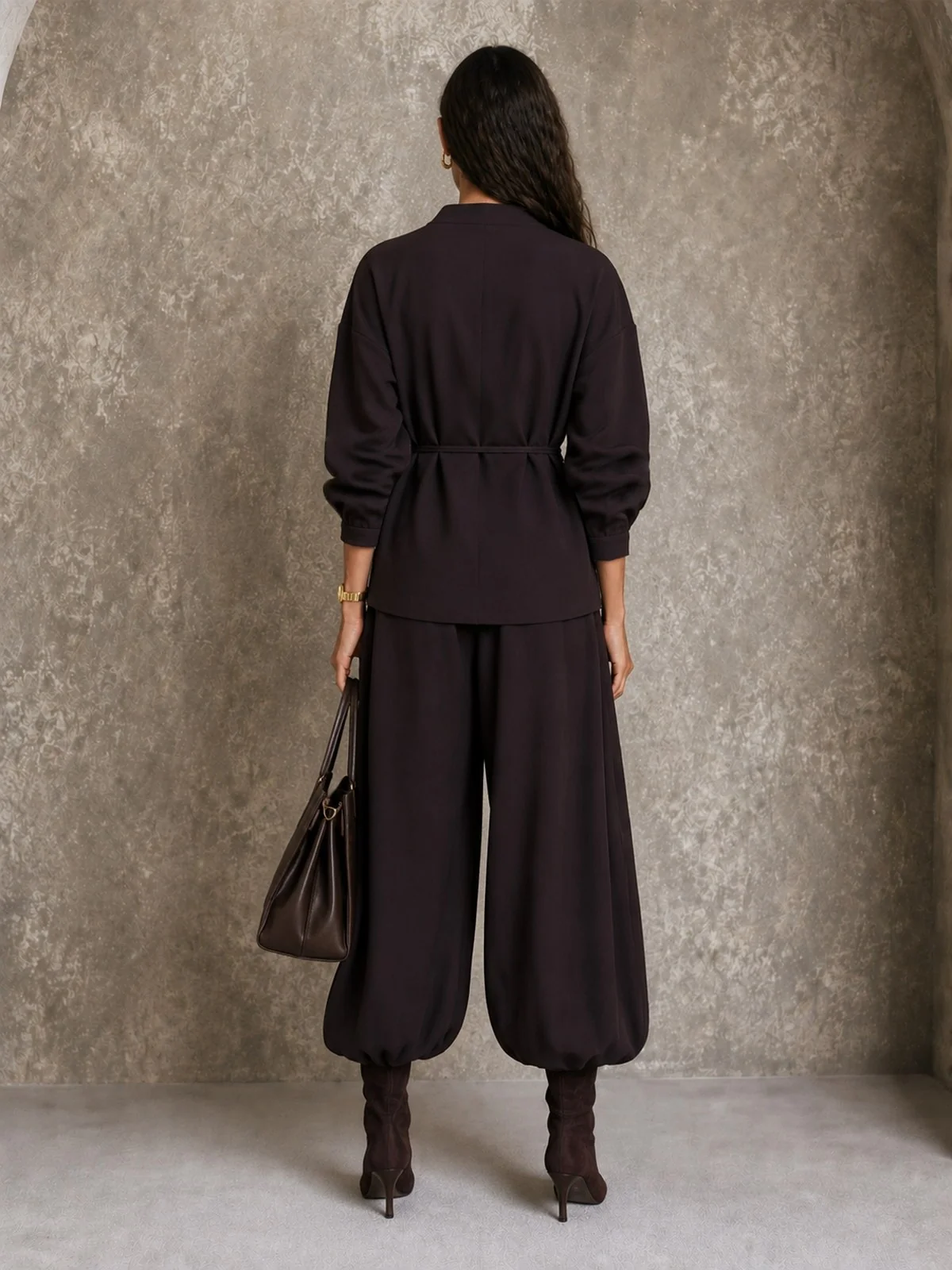 Conjunto de Pantalón Casual Marrón Oscuro Corte Holgado con escote en V - Marrón Oscuro