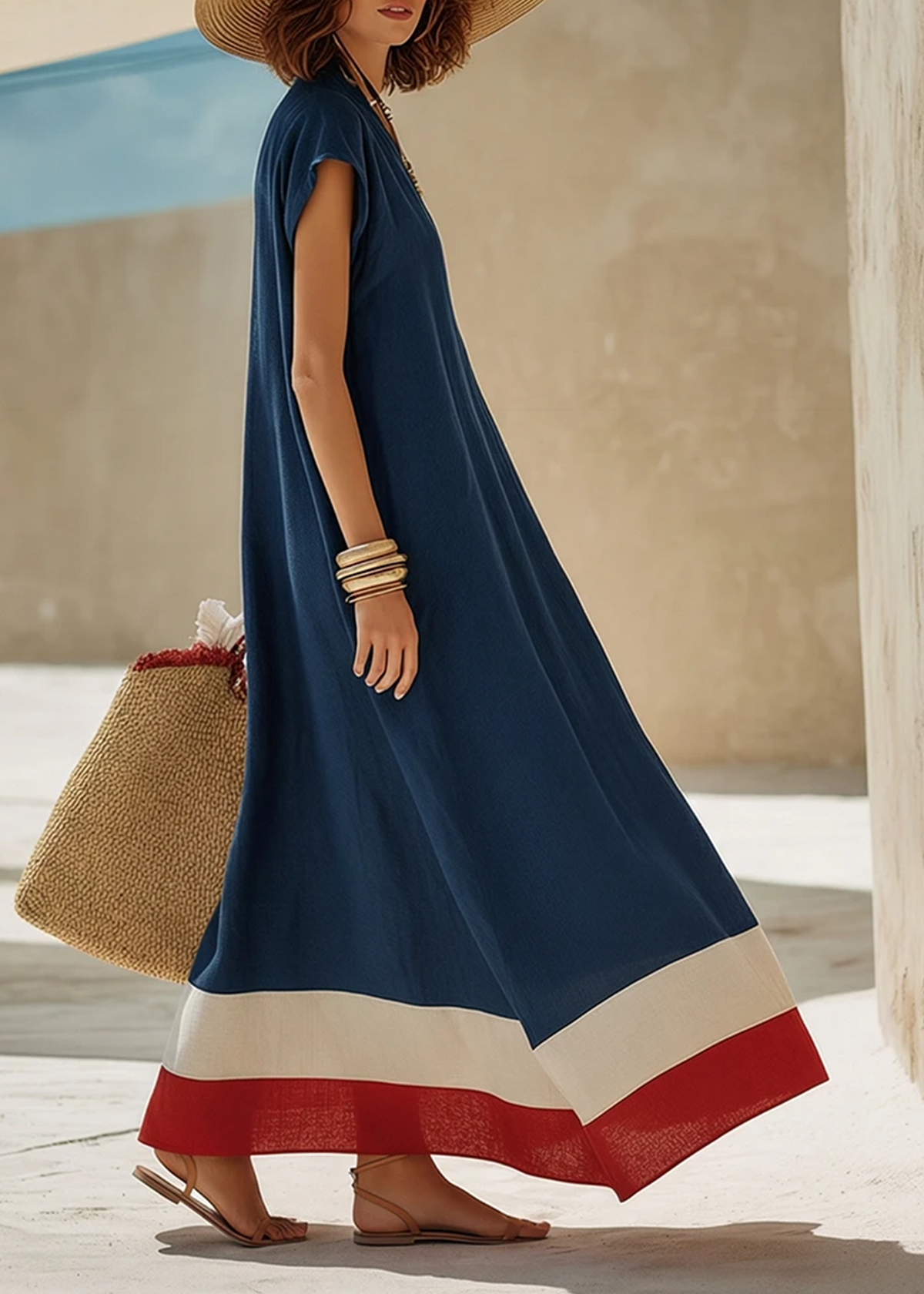 Vestido Largo Casual Azul Corte Holgado con escote en V - Azul