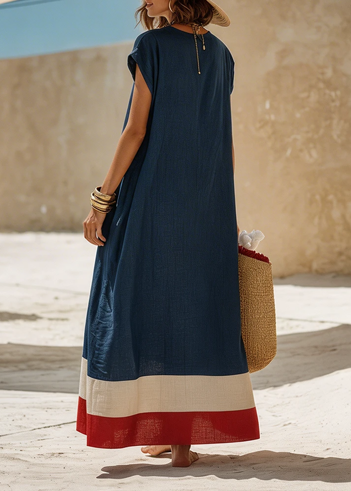 Vestido Largo Casual Azul Corte Holgado con escote en V