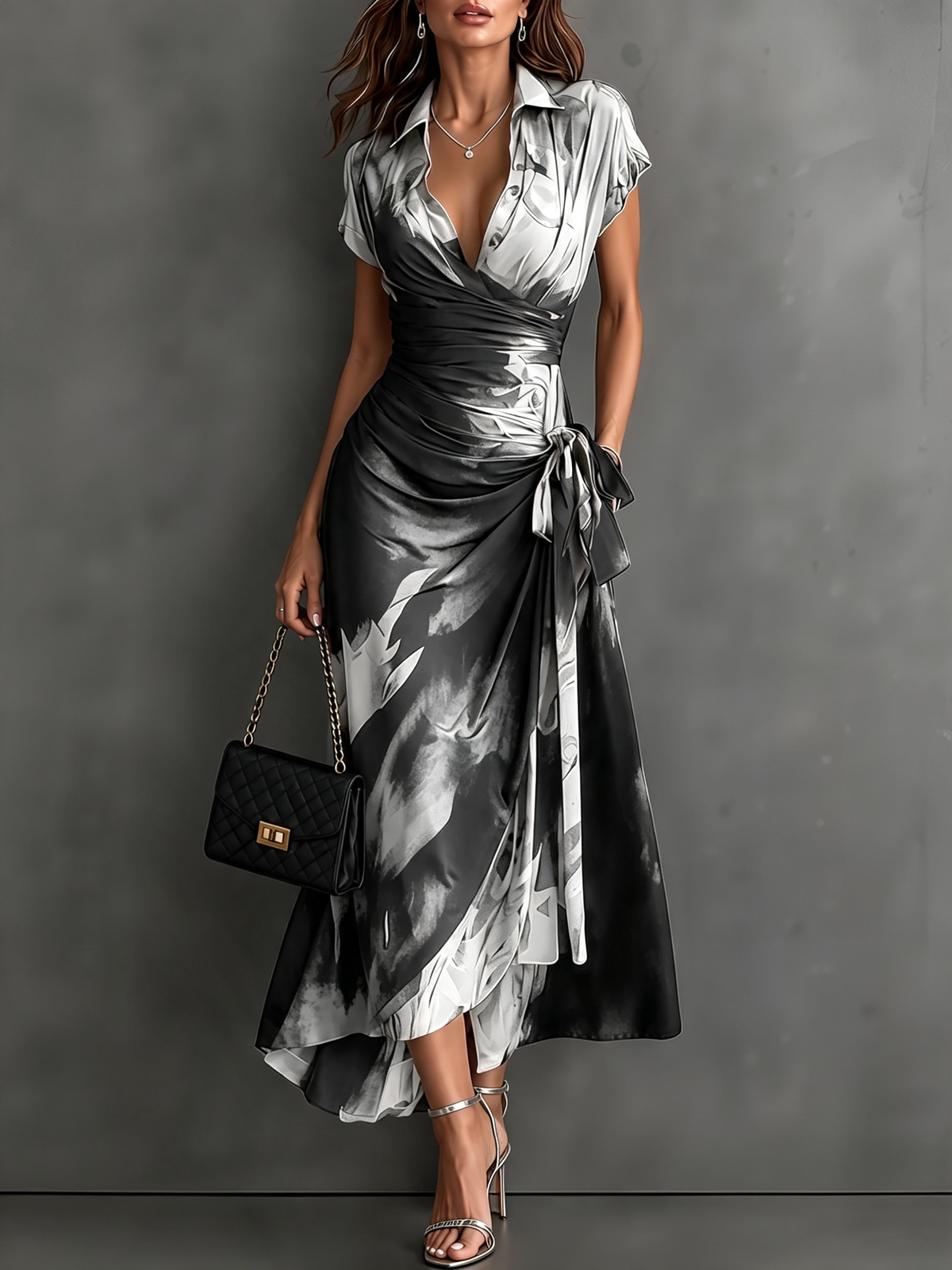 Vestido Largo Manga Corta con estampado abstracto, cruzado, cuello camisero y escote en V - Marrón