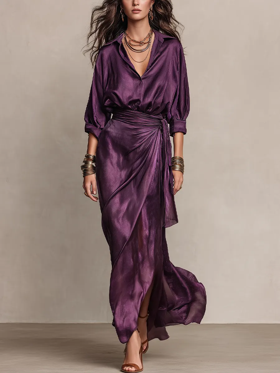 Vestido Morado con satén, cruzado y drapeado - Morado