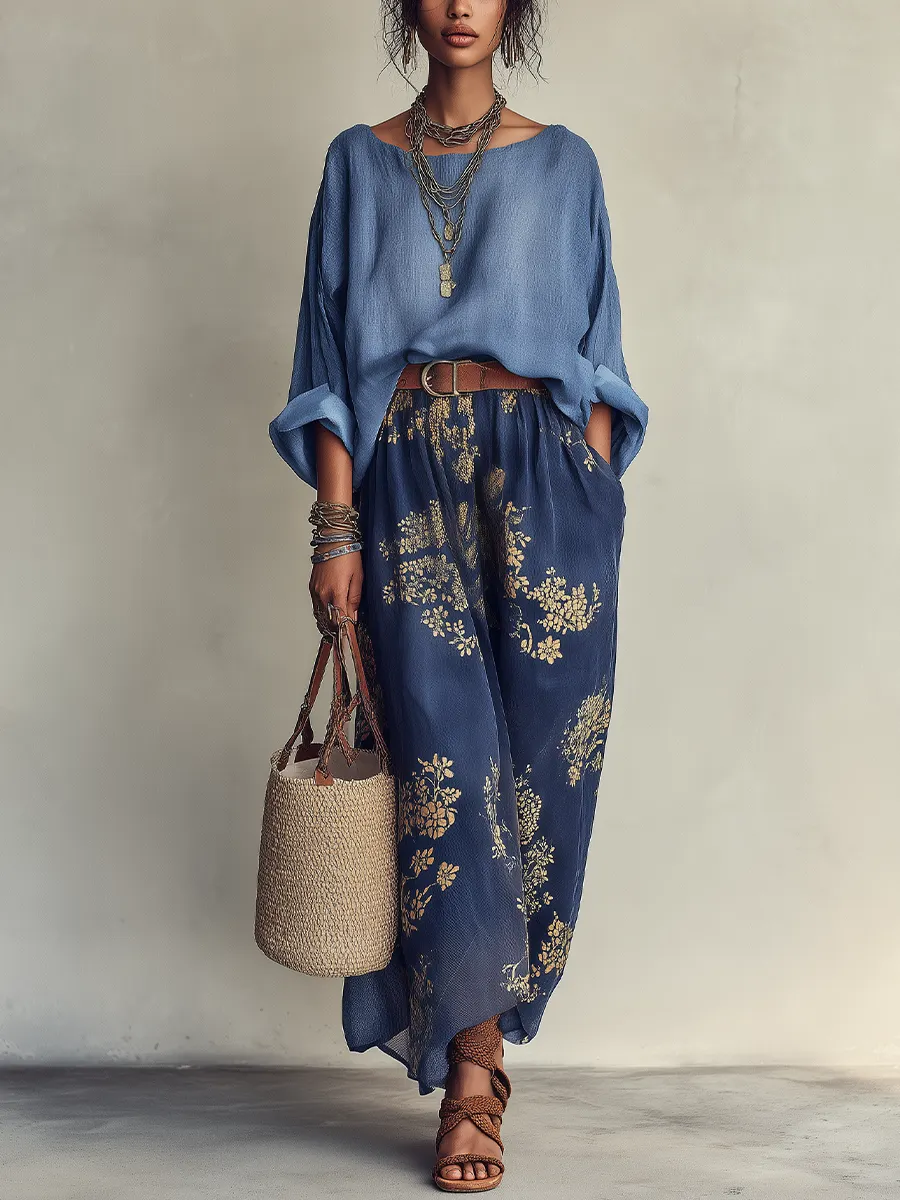 Conjunto de Dos Piezas Azul Marino Oversize con estampado floral - Azul Marino