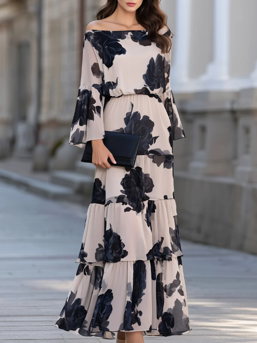 Vestido Largo Elegante Beige con hombros descubiertos, volante y estampado - Beige
