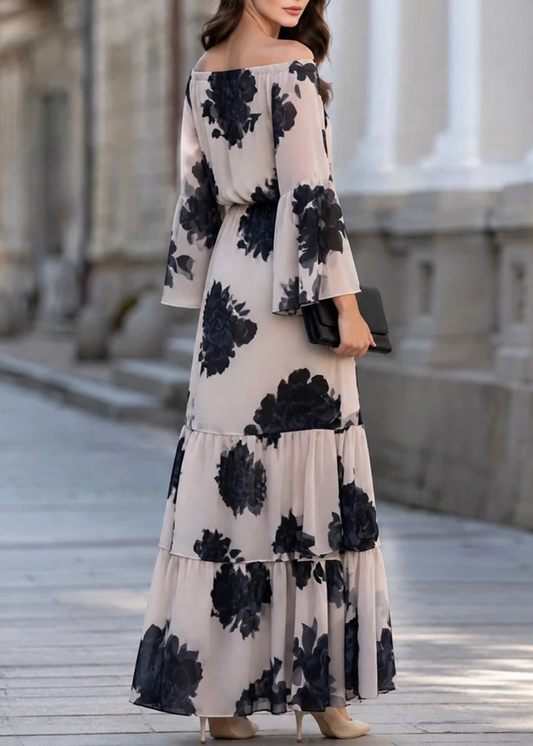 Vestido Largo Elegante Beige con hombros descubiertos, volante y estampado - Beige