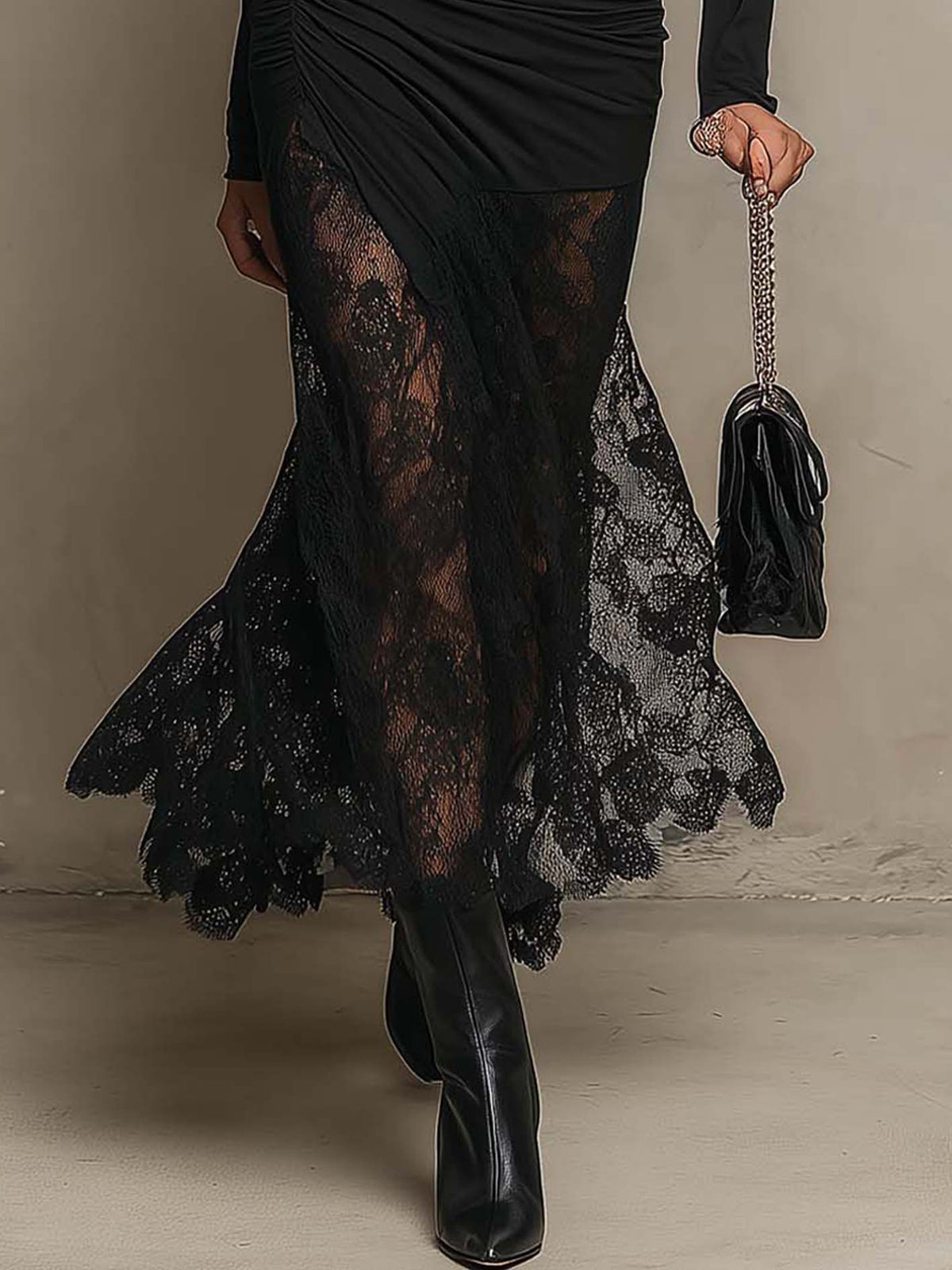 Vestido Largo Negro Manga Larga con cut out, fruncido, punto y encaje - Negro
