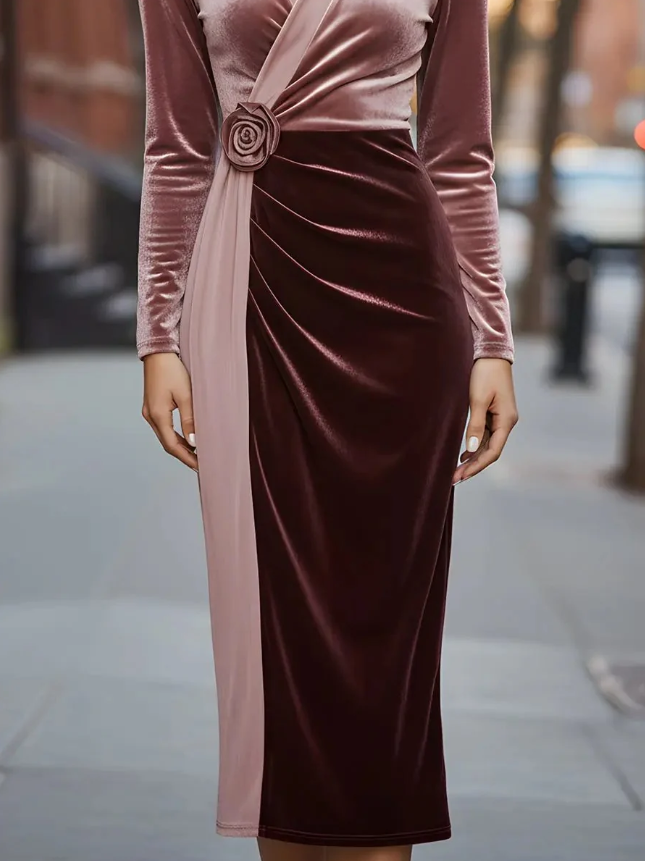 Vestido Midi Rosa con cintura marcada, flores en 3D y detalles - Rosa