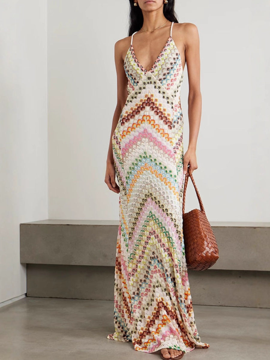 Vestido Largo con ganchillo, tirantes finos, escote en V y estampado - Multicolor