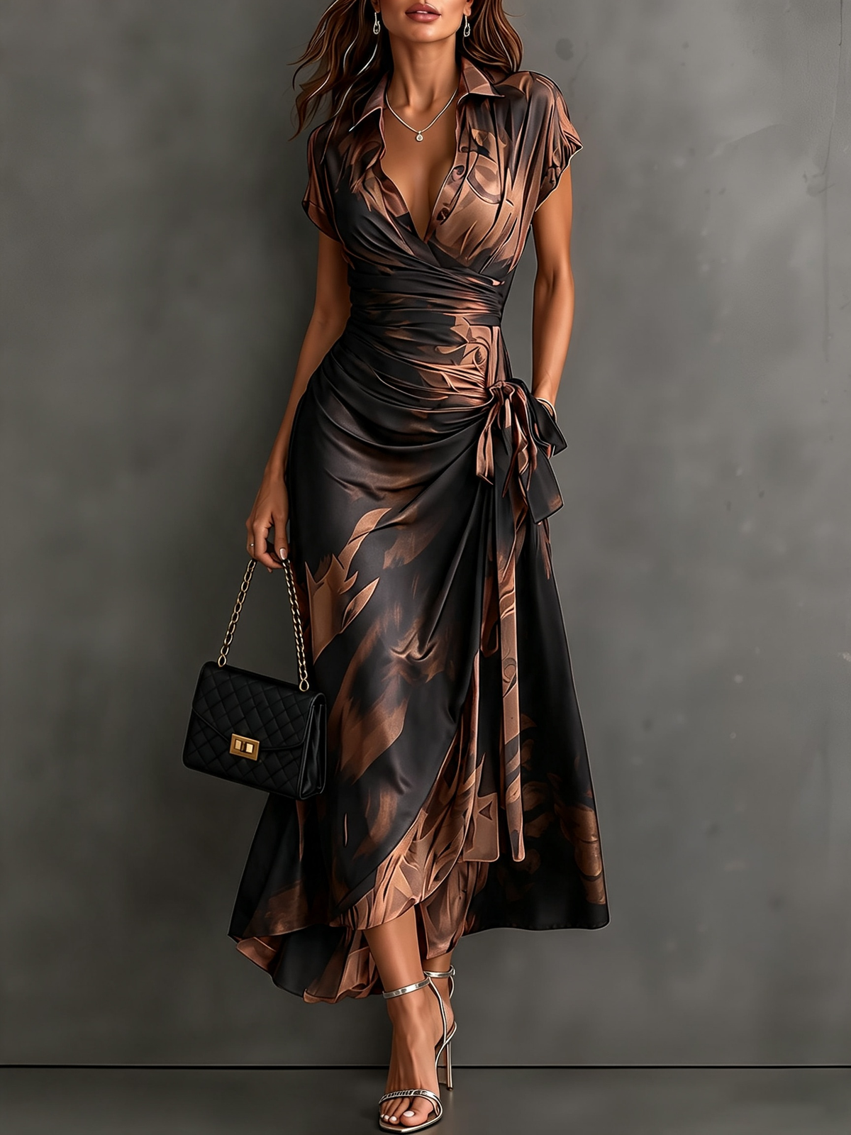 Vestido Largo Marrón Manga Corta con estampado abstracto, cruzado, cuello camisero y escote en V - Marrón