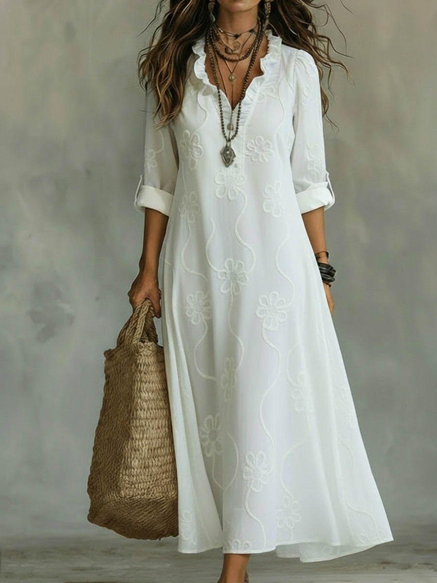 Vestido Midi Elegante con estampado floral y volantes - Blanco