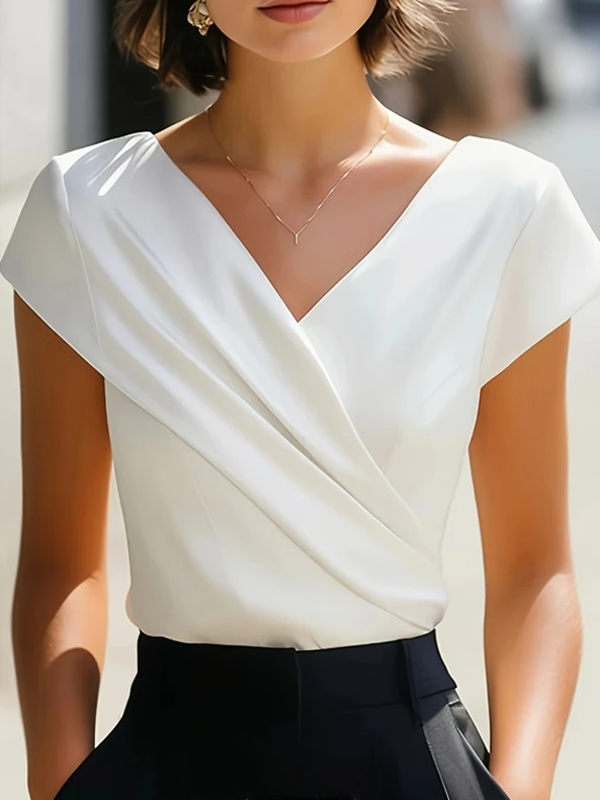 Blusa Elegante Manga Corta con satén, cruzado y escote en V - Negro