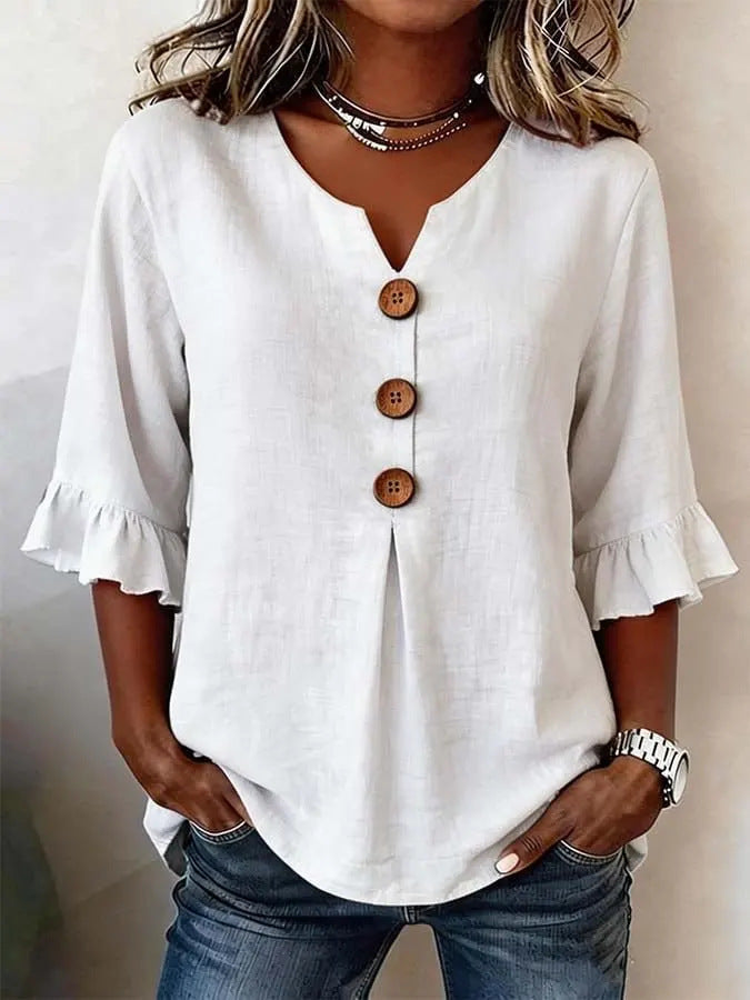 Blusa Casual con escote en V y volante - Azul Cielo