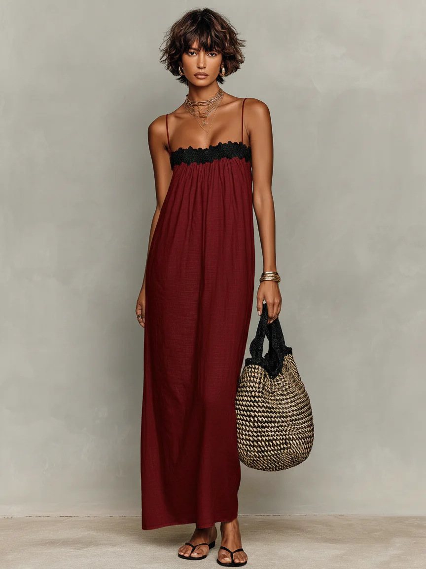Vestido Largo Corte Holgado con remate de encaje - Negro
