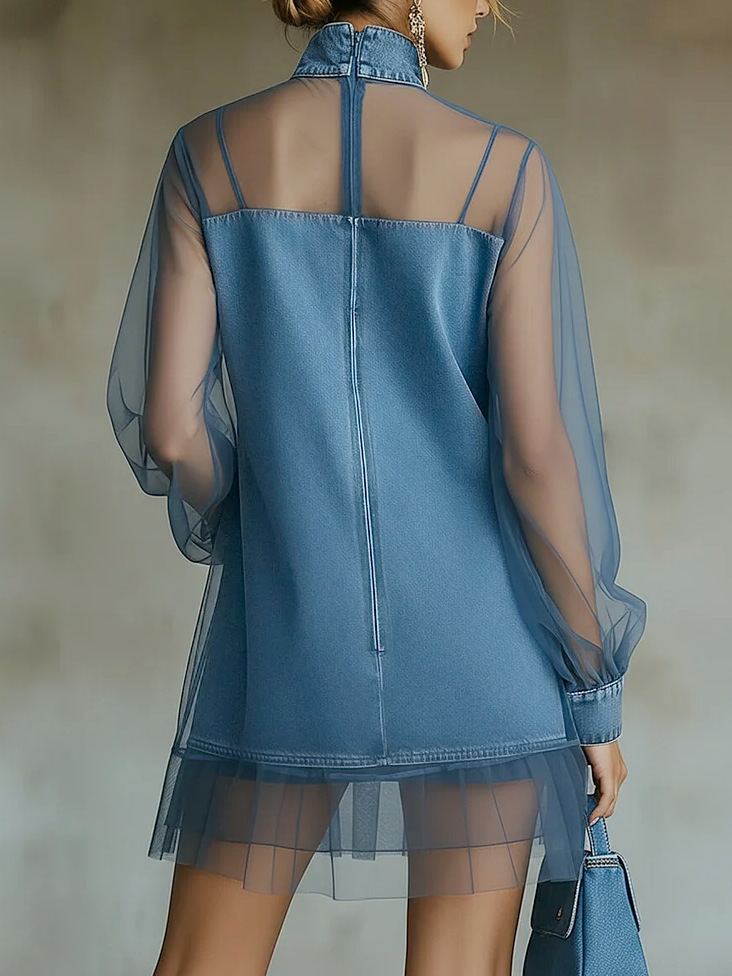 Minivestido Corte Holgado con vaquero y cuello mao - Azul
