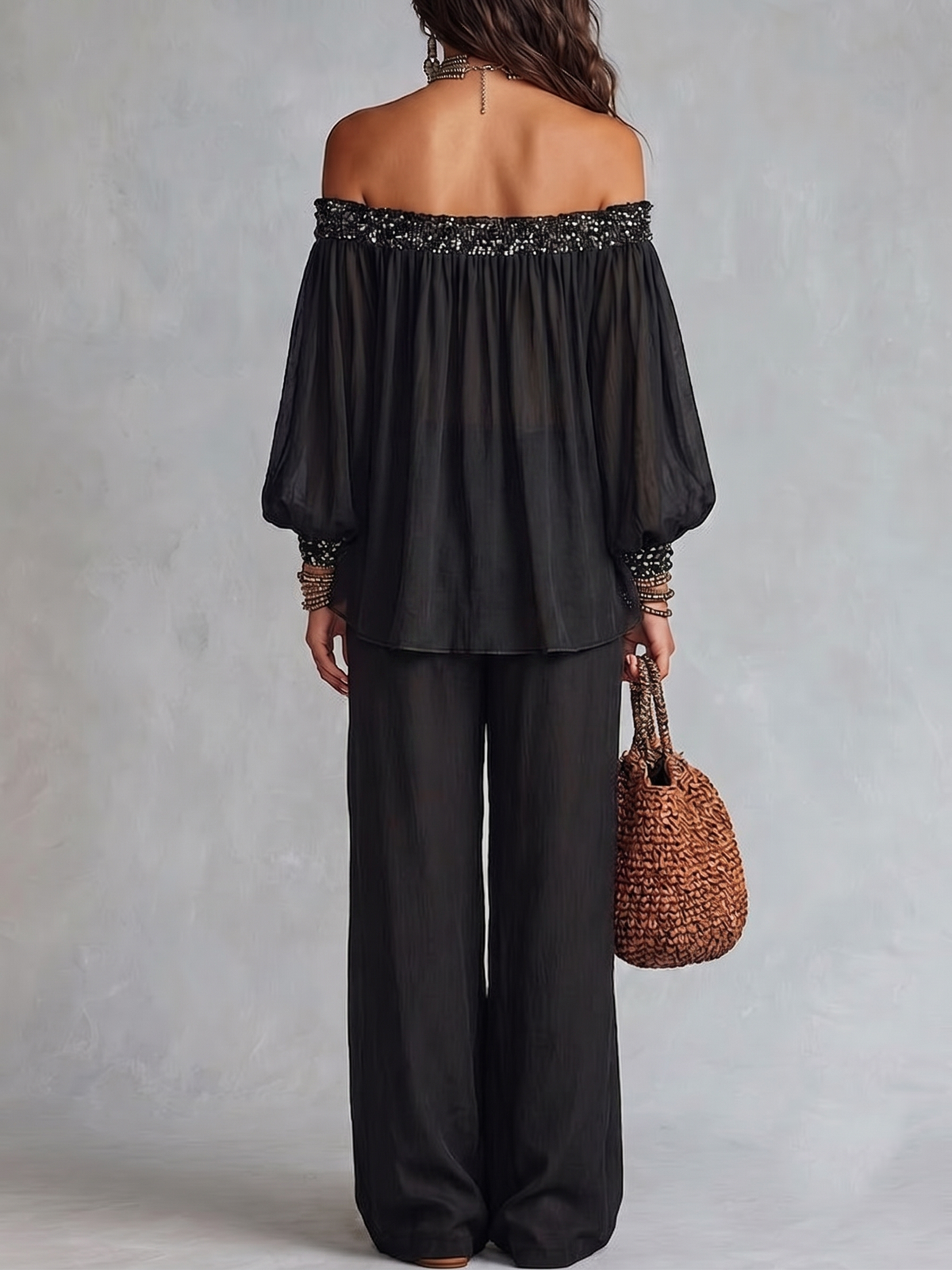 Conjunto de Pantalón Negro con lentejuelas, cordón de ajuste y pierna ancha - Negro