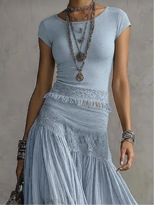 Conjunto de Falda Azul con paneles de encaje y plisado - Azul