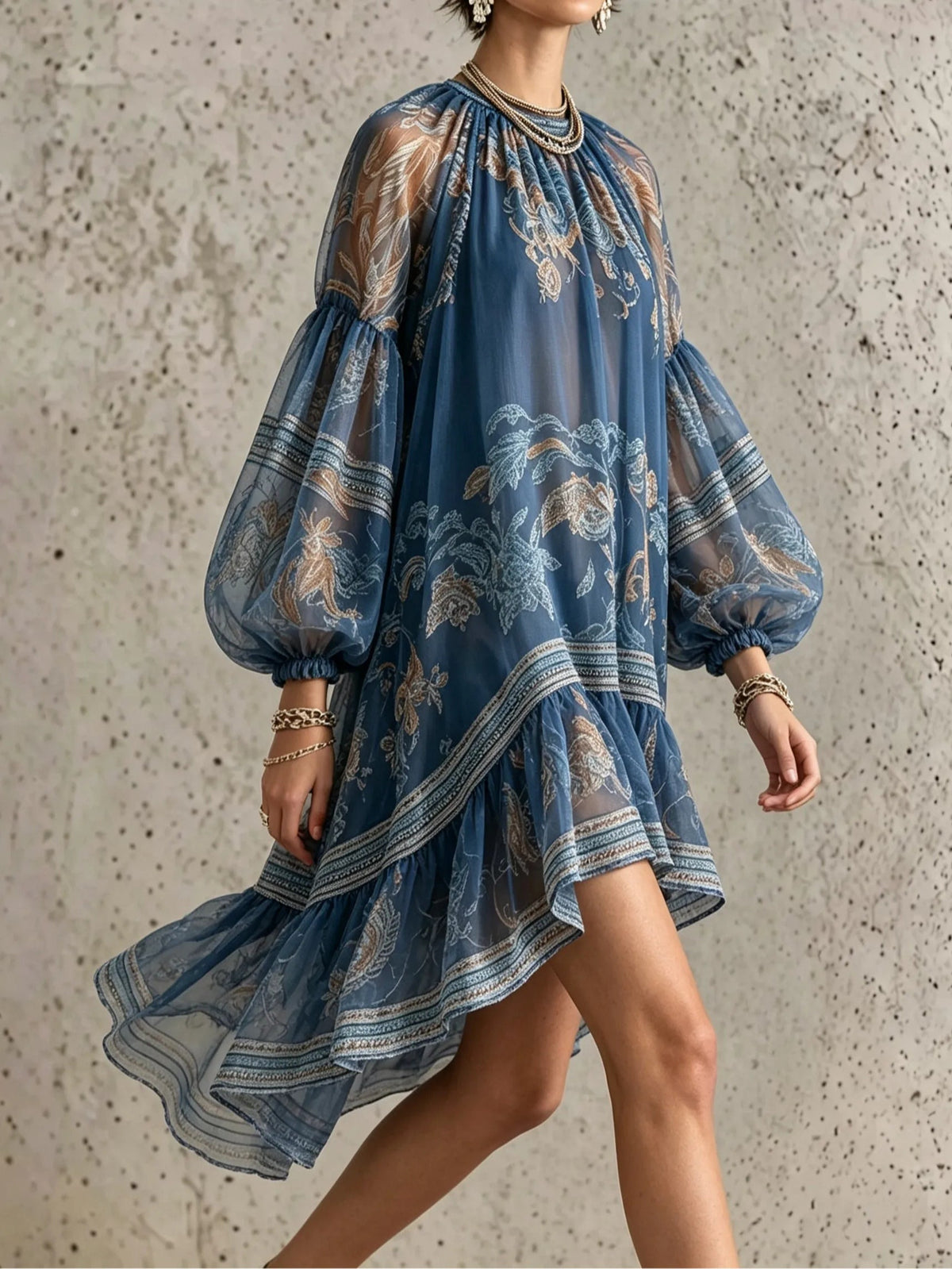 Vestido Estampado Vintage Azul Manga Larga con estampado - Azul