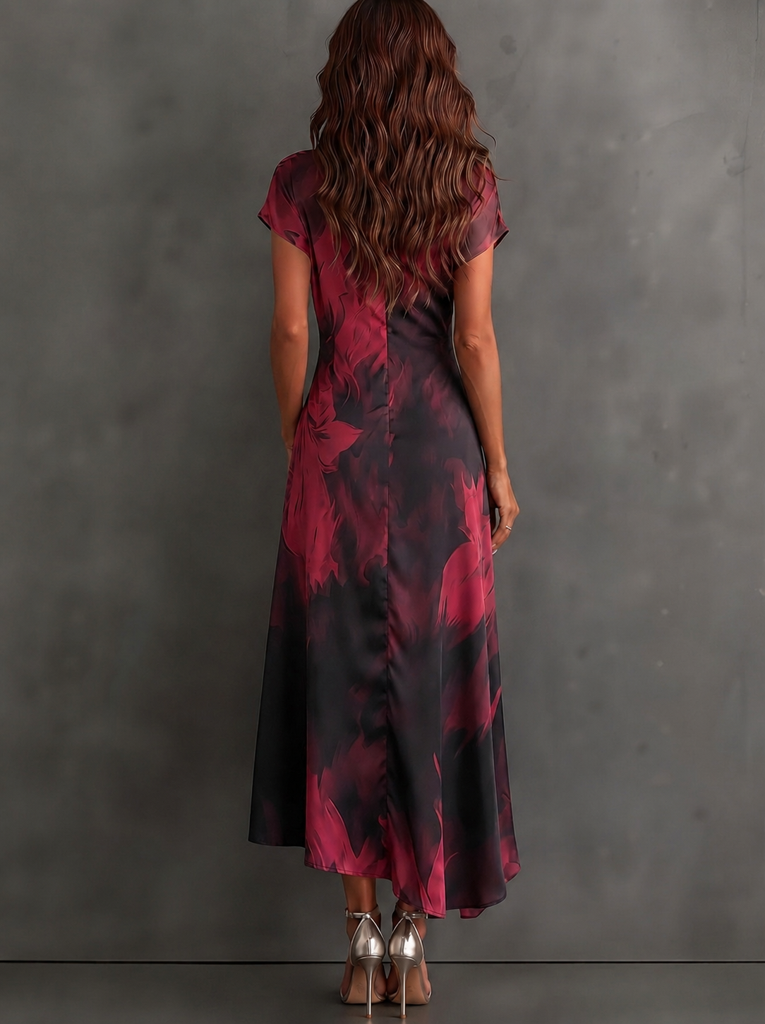 Vestido Largo Manga Corta con estampado abstracto, cruzado, cuello camisero y escote en V - Negro