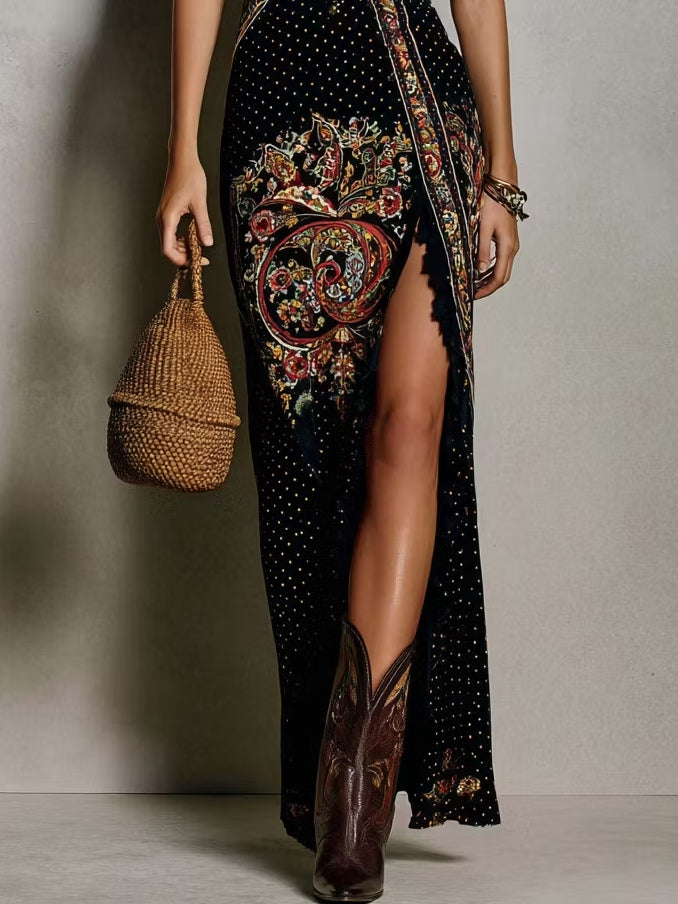Vestido Estampado Boho con escote en V, abertura alta y estampado - Negro