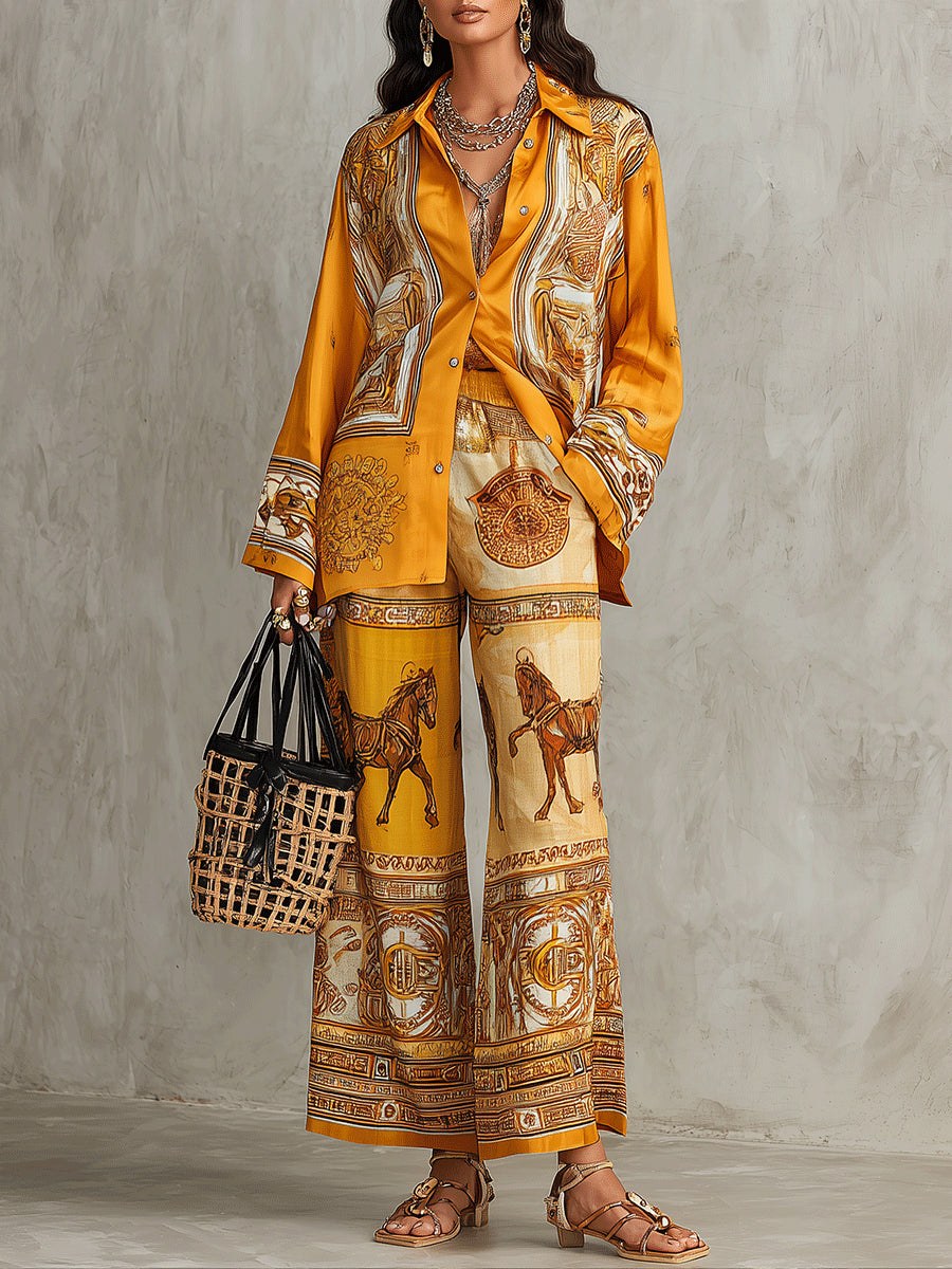 Conjunto de Dos Piezas Naranja Manga Larga con pierna ancha y estampado - Naranja