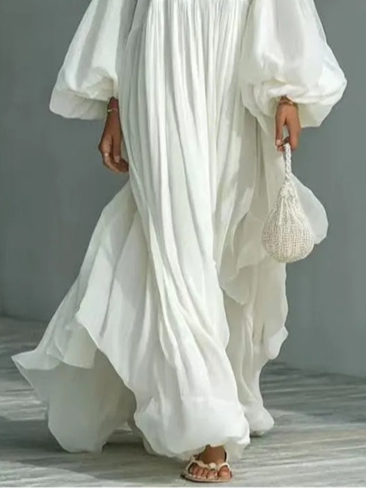 Vestido Largo Blanco Corte Holgado con escote cuadrado y manga abullonada - Blanco