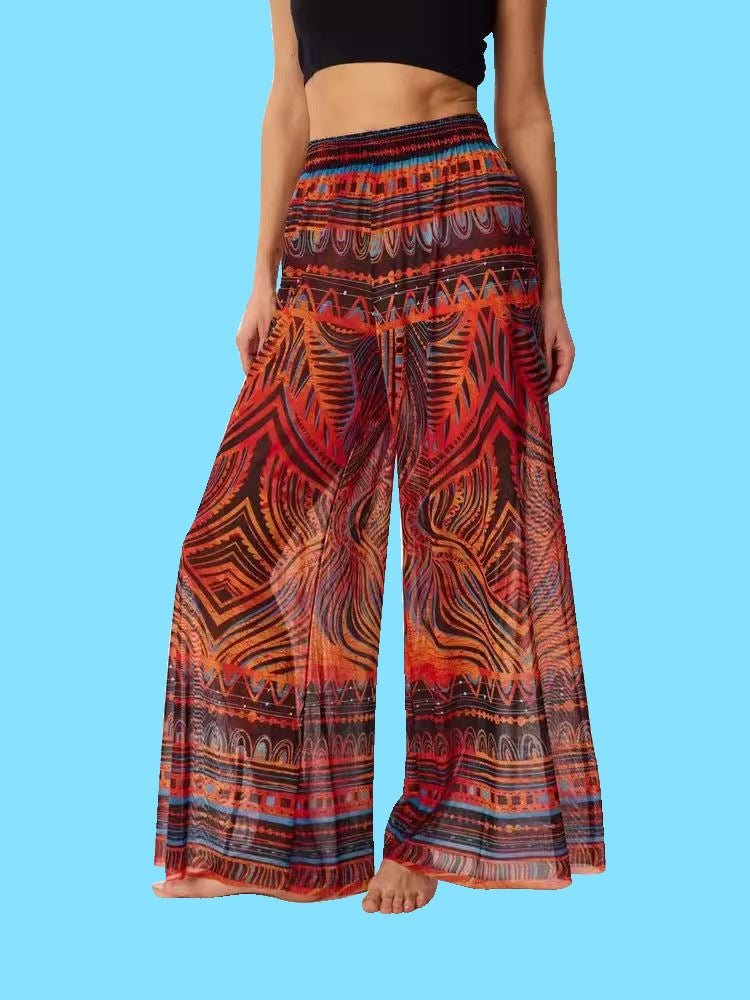 Pantalón Casual Tiro Alto con malla y estampado - Naranja