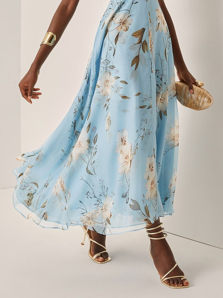 Vestido Estampado Azul Claro con plisado, gasa, un solo hombro y floral - Azul Claro
