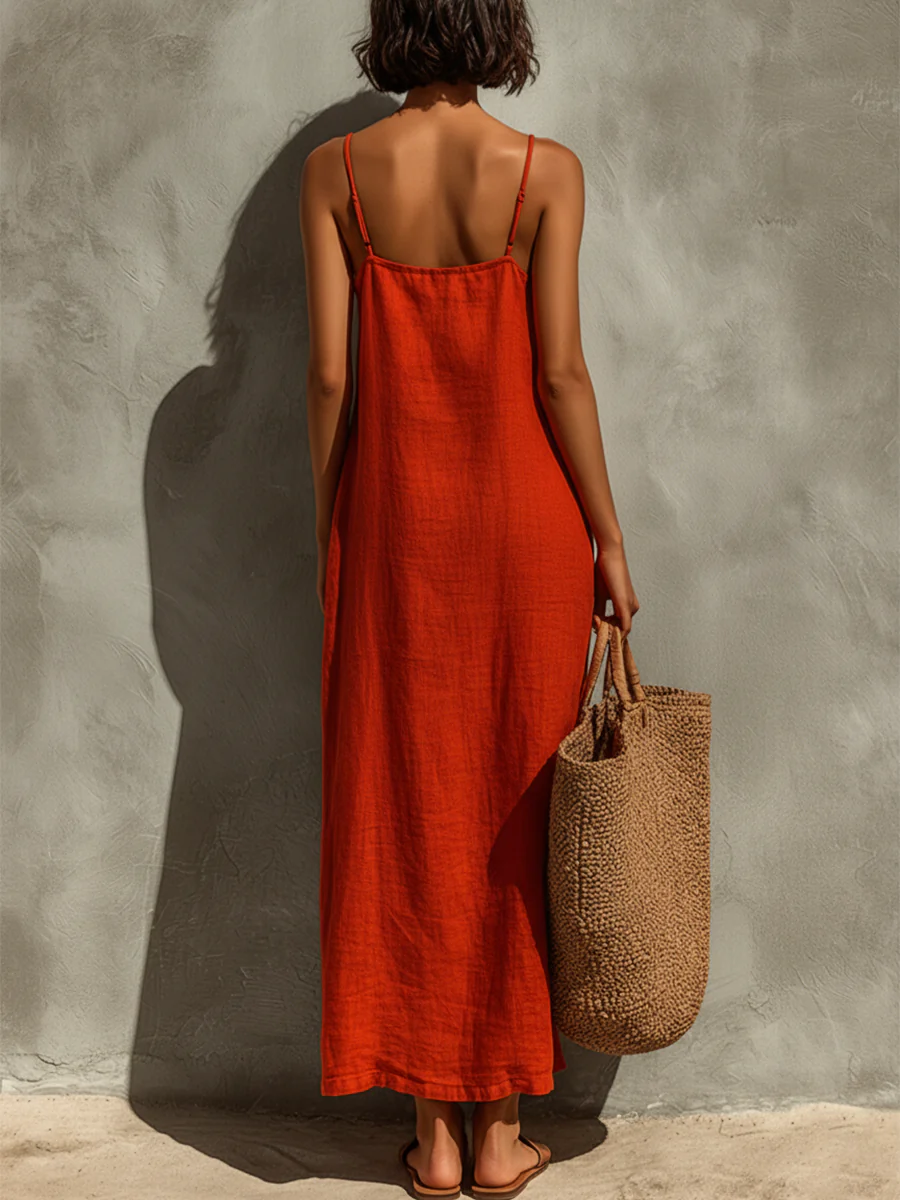 Vestido Casual con lino y escote cuadrado - Rojo