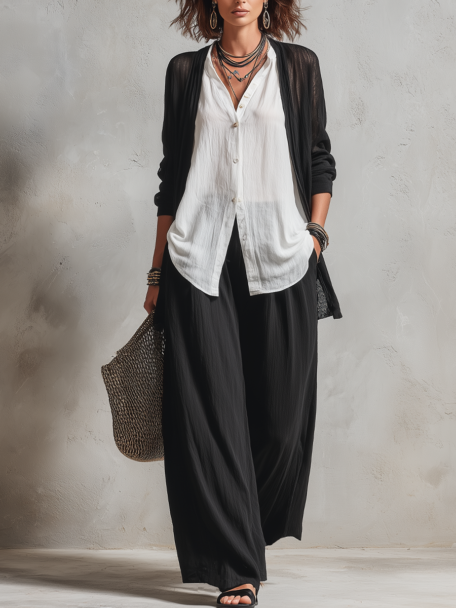 Conjunto de Tres Piezas Minimalista Negro con por capas y pierna ancha - Negro