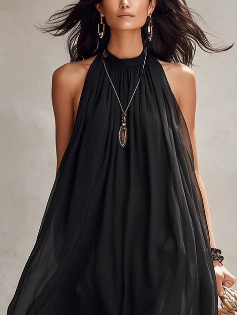 Vestido Largo Negro con gasa, escote halter y plisado - Negro