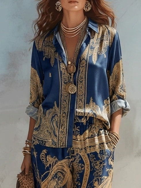 Conjunto de Dos Piezas Azul Marino con pierna ancha y estampado - Azul Marino