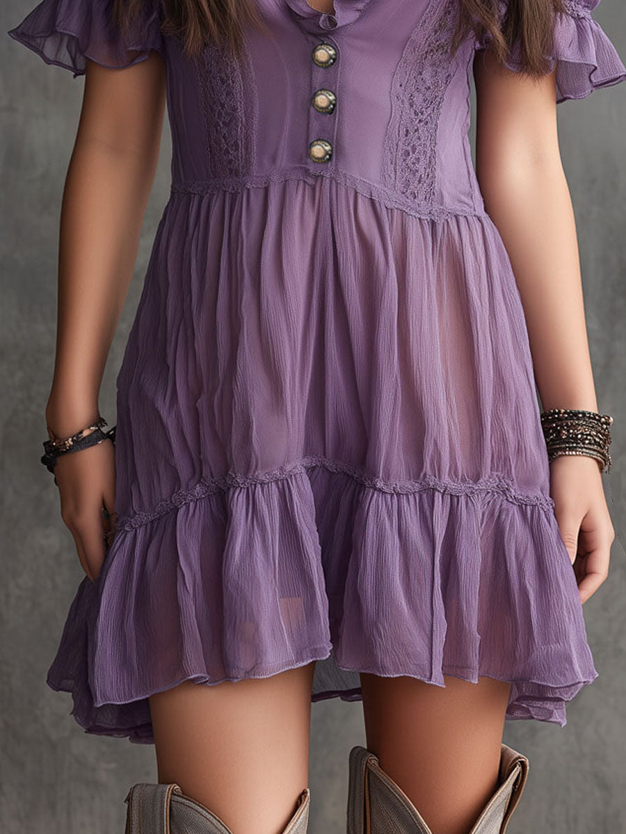 Minivestido Morado con manga abullonada, volantes, botones delanteros y gasa - Morado