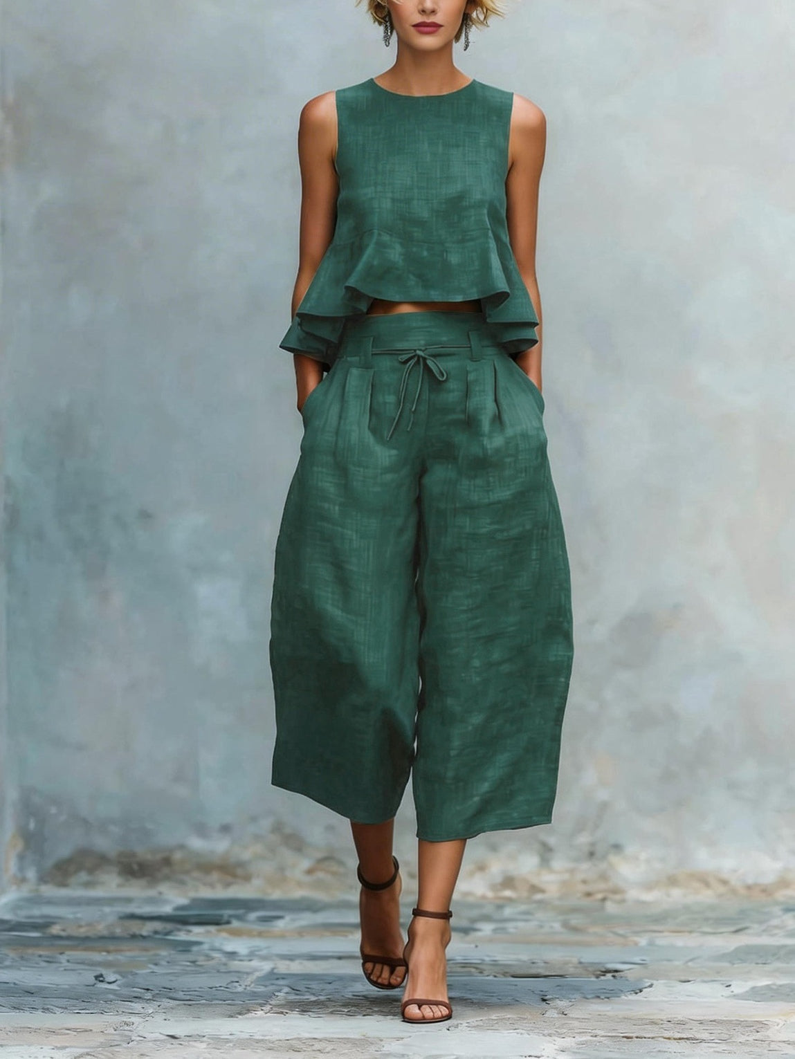Conjunto con lino, volantes, pierna ancha y liso - Rosa